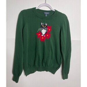 ModCloth Sweater Womens Large Green Purring in Poinsettia Graphic Pullover Cat